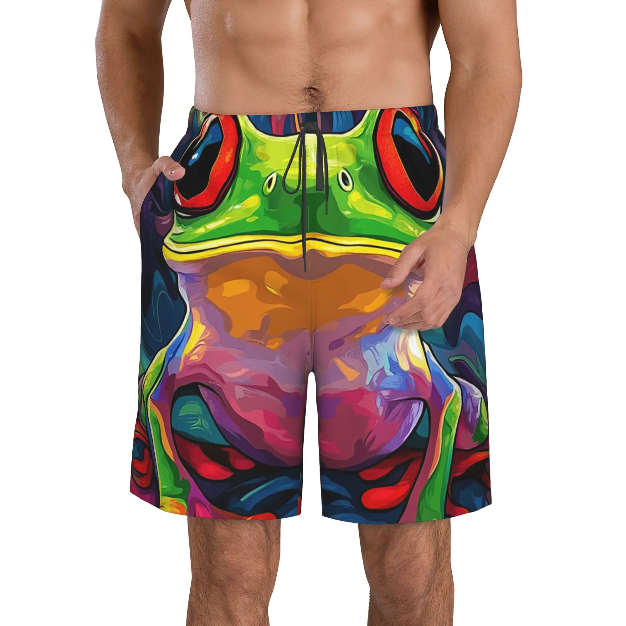 Vibrant Colorful Frog Vortex Print Trunks Beach Board Shorts Casual Quick Dry Swim Summer Men Pants
