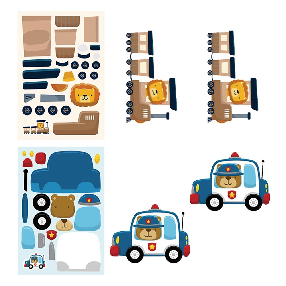 8/16sheets Cute Cartoon Animal Transportation Car Puzzle Stickers Make a Face DIY Assemble Jigsaw Educational Toys Decals Pack