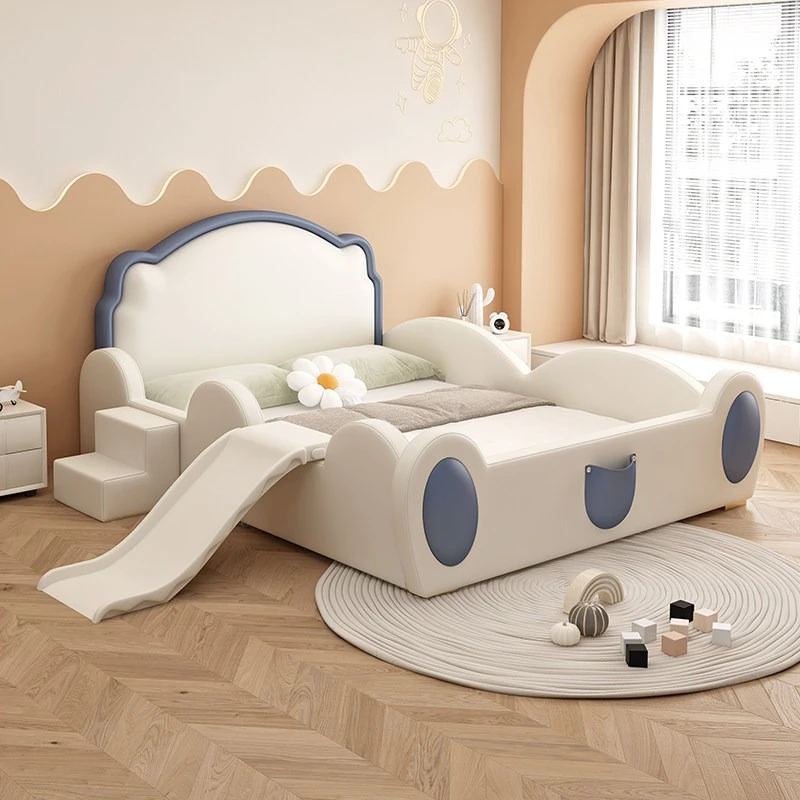 Cartoon children's bed modern minimalist style bear bed 180x200cm leather fence slide multi-functional bedroom furniture