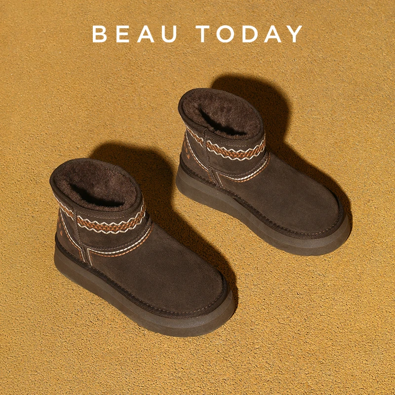 BEAUTODAY Snow Boots Women Cow Suede Solid Color Warm Embroidery Round Toe Platform Slip-On Furry Ladies Shoes Handmade 08090