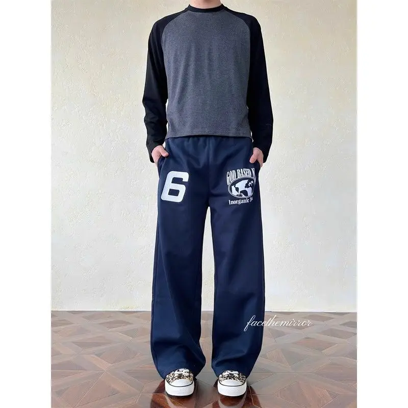 Men's Letter Printed Blue Hip-hop Sweatpants Spring Trousers Street Style Cool Boys Bottoms Male High Waist Straight Pants