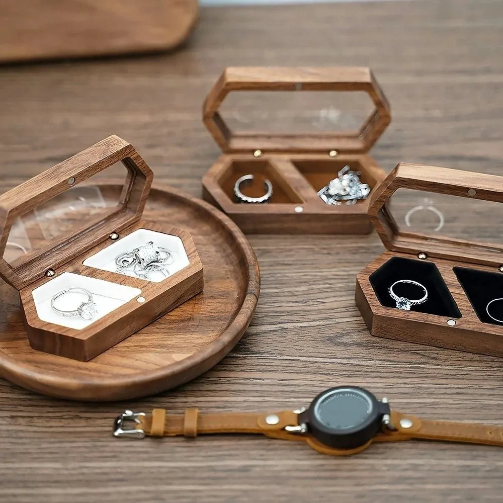 Simple Velvet Mini Wood Rings Box Luxury Necklace Earrings Rings Display Case Square Wedding Rings Bearer Box Gifts