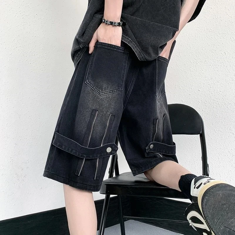 Men's Black Cargo Shorts With Strap Detail Loose Fit Streetwear Casual Shorts