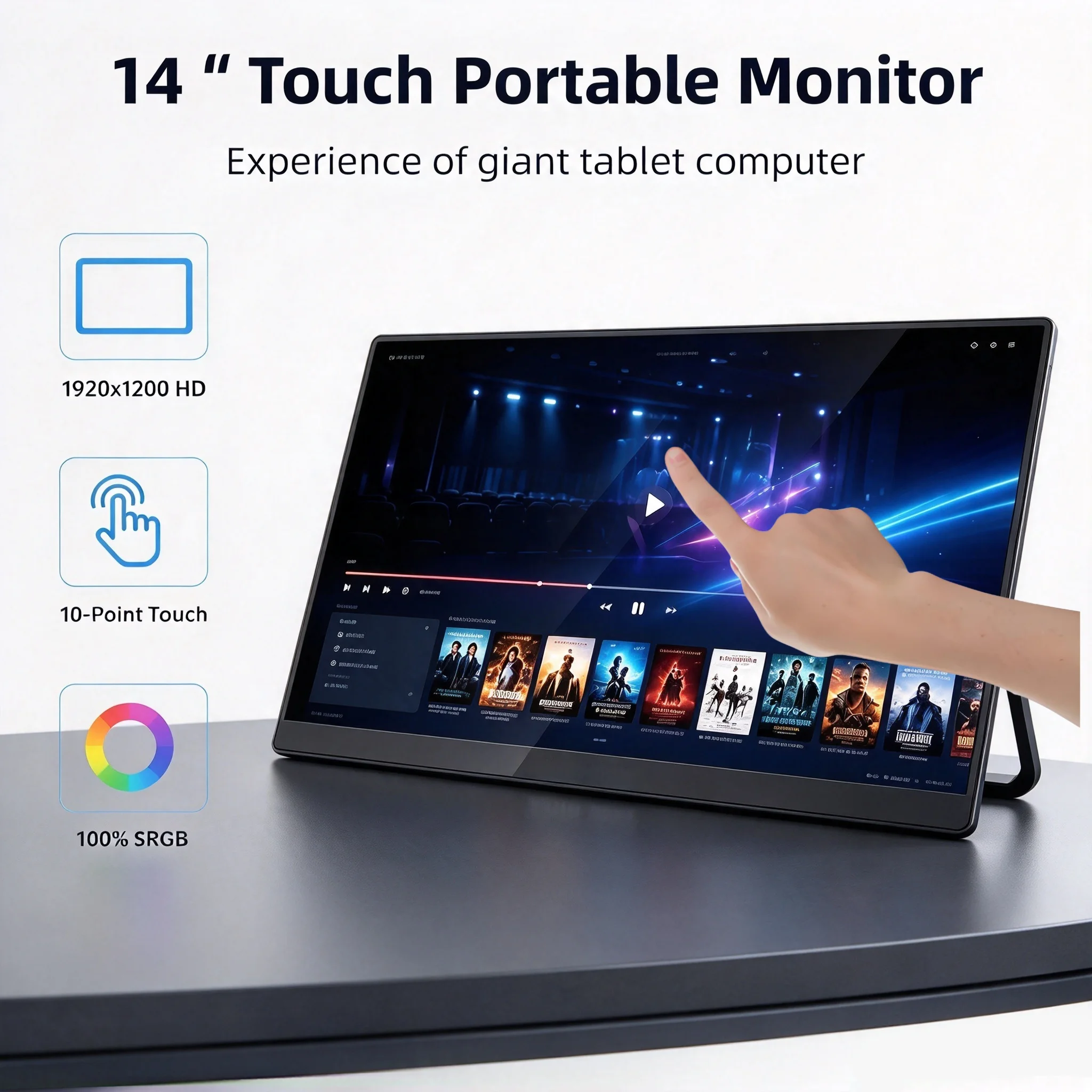 14Inch Touchscreen Portable Monitor, 19201200, USBC, 10Point Touch, 16:10 Aspect Ratio, 100% sRGB, Low Blue Light, Foldable