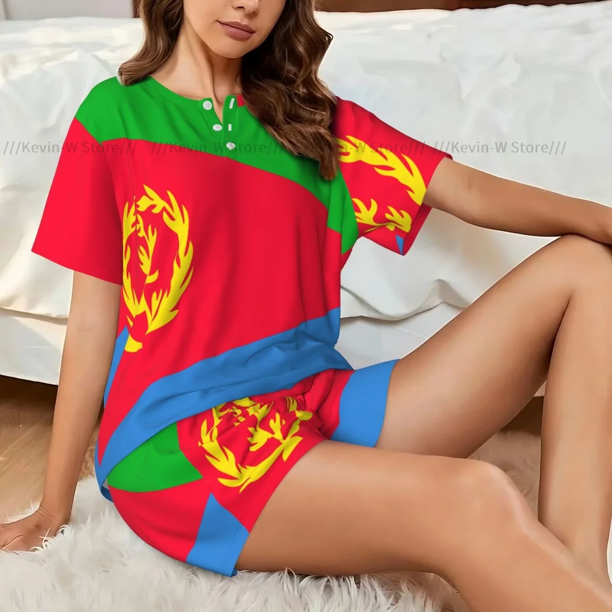 Women Pajamas Set Short Sleeve Eritrea Flag Sleepwear Loungewear for Summer Nightwear