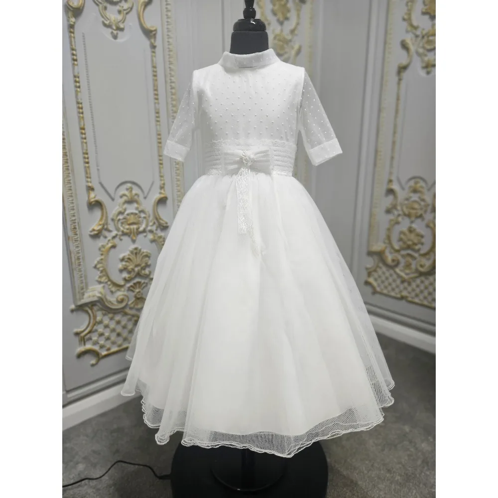 Customized Cute Bow Flower Girl Dress for Wedding 2026 Ball Gown with Lace A Line Tulle Half Sleeve Tiered Princess Kid's Gown