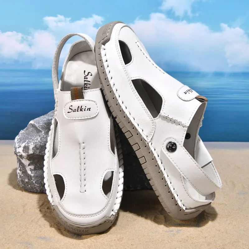 Handmade Summer Leather Sandals For Men Breathable Antiskid Outdoor Beach Hollow Fashion Comfortable Casual Shoes Footwear