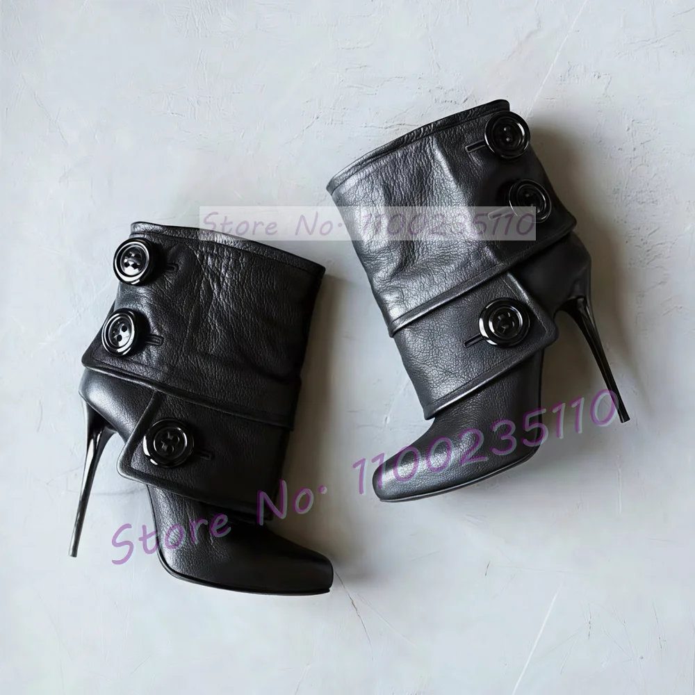 Button Decor Foldover Ankle Boots Female Chic Leather Splicing Pointy Toe High Heels Shoes Patchwork Slip On Sexy Stiletto Boots
