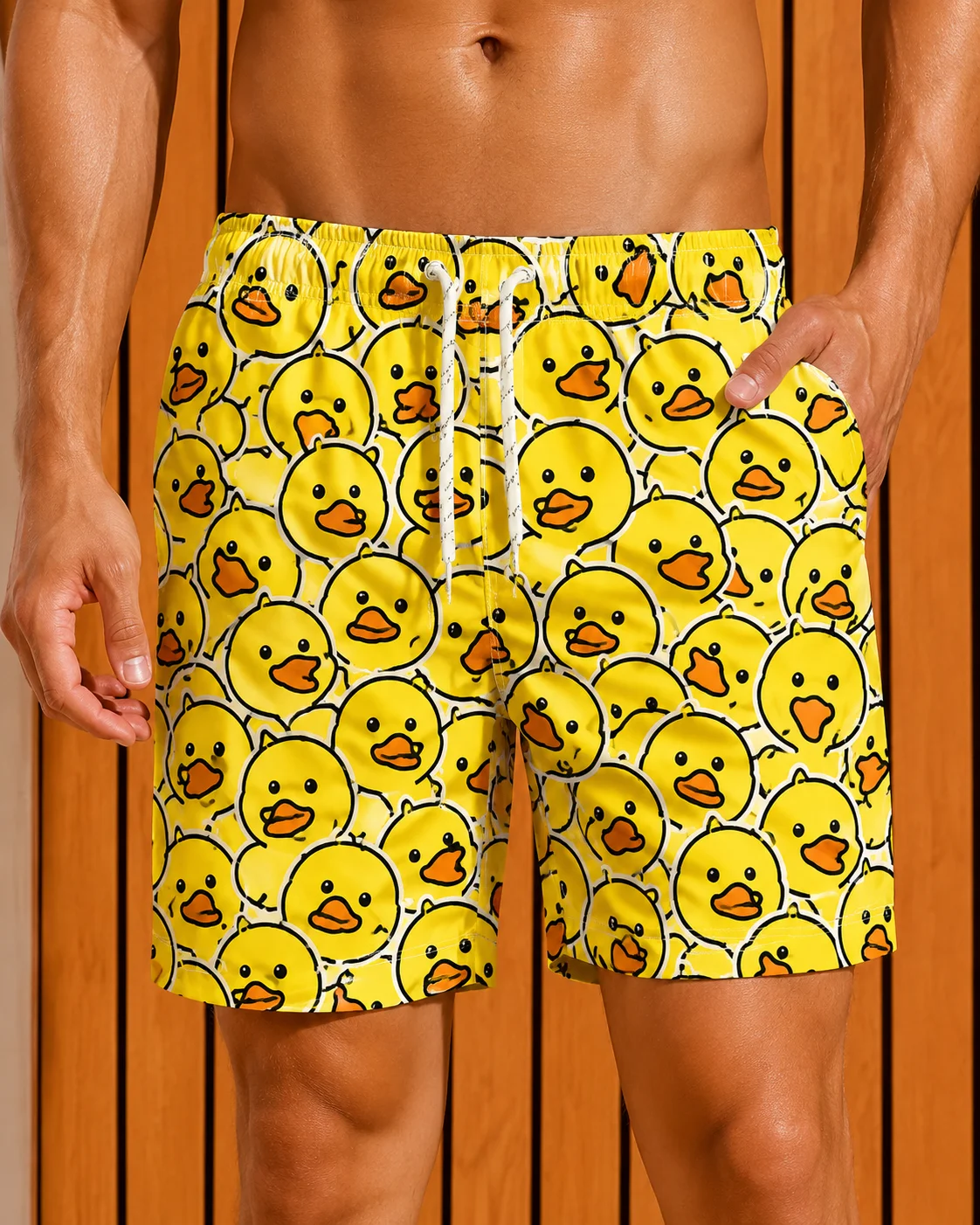 Mens Yellow Duck Print Swim Shorts Quick Dry Drawstring Beach Board Shorts with Pockets Funny Summer Holiday 2026