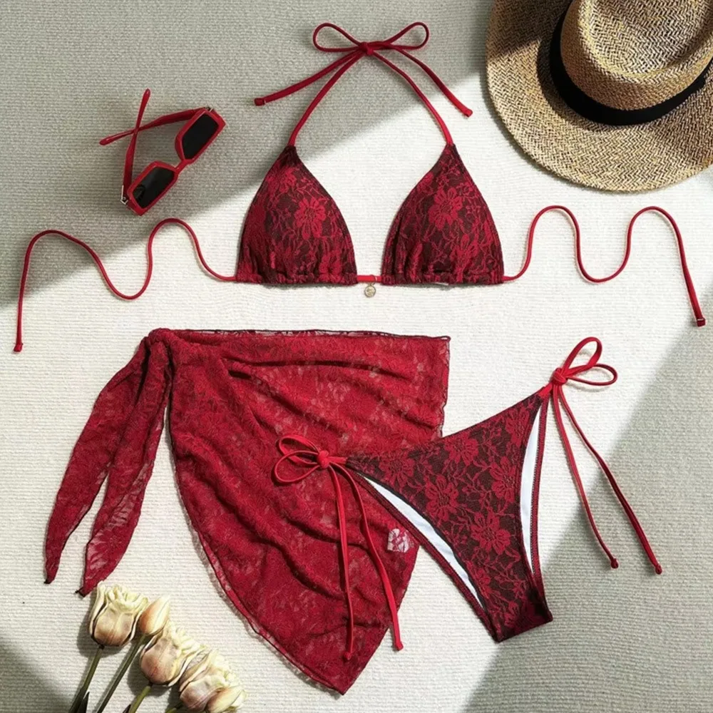 3Pcs/Set Fashion Summer Lace Bikinis Brazilian Casual Swimwear Beachwear Party Women Swimsuit Holiday