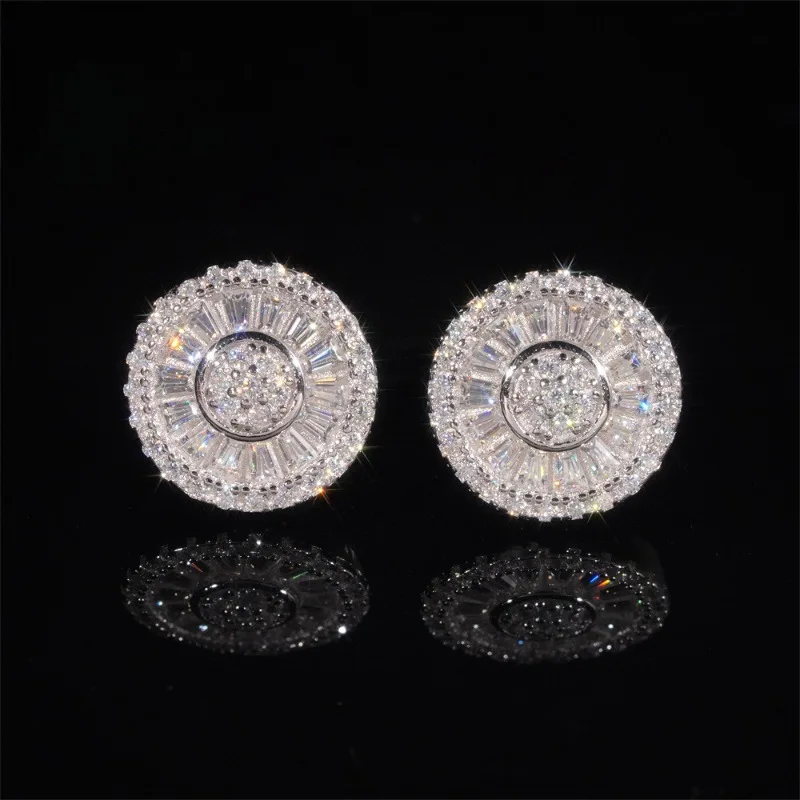 925 Silver 12MM Baguette Cut Moissanite Halo Stud Earrings Screwback Hiphop Bling Diamond Flower Earrings Women Pass Tester Gift