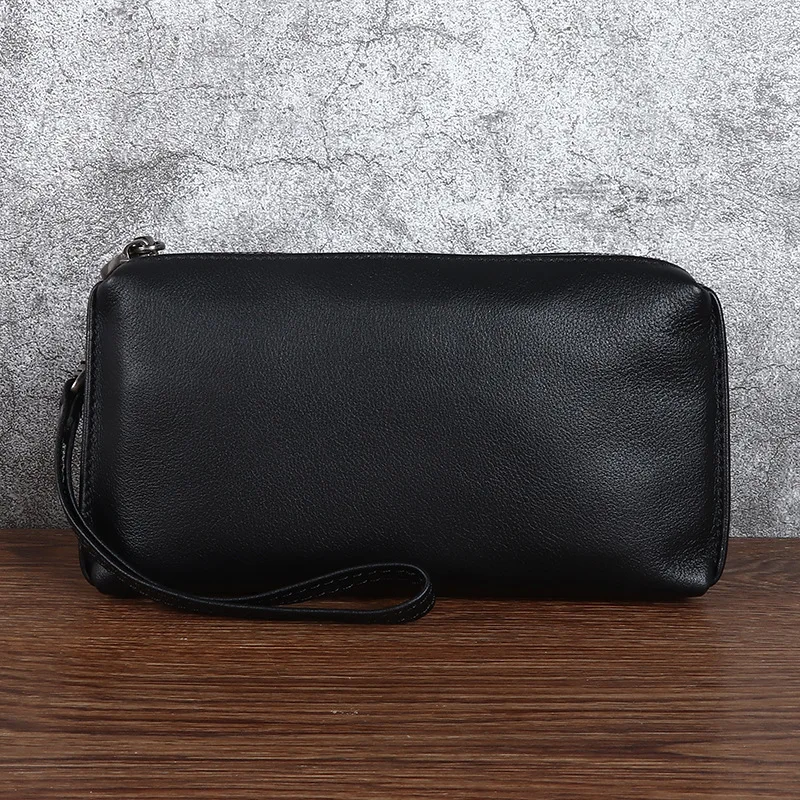 Leather handbag for men - stylish genuine cowhide leather handbag - long style wallet - casual mobile phone bag