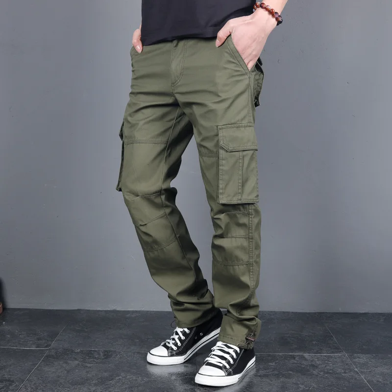Men's Cotton Cargo Pants Loose Straight Multi-Pocket Casual Thick Wear-Resistant Work Trousers Spring Autumn Streetwear