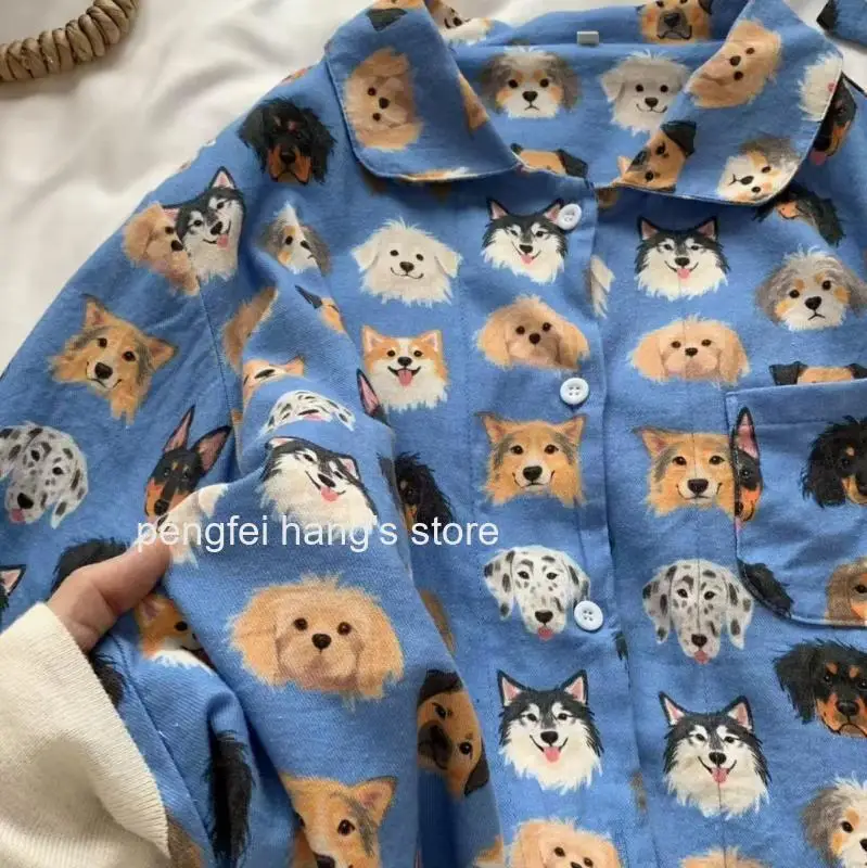 Women Cotton 2Pcs Pajama Set Cute Cartoon Puppy Print Loose Long Sleeve Autumn Casual Loungewear Home Sleepwear Night Suit