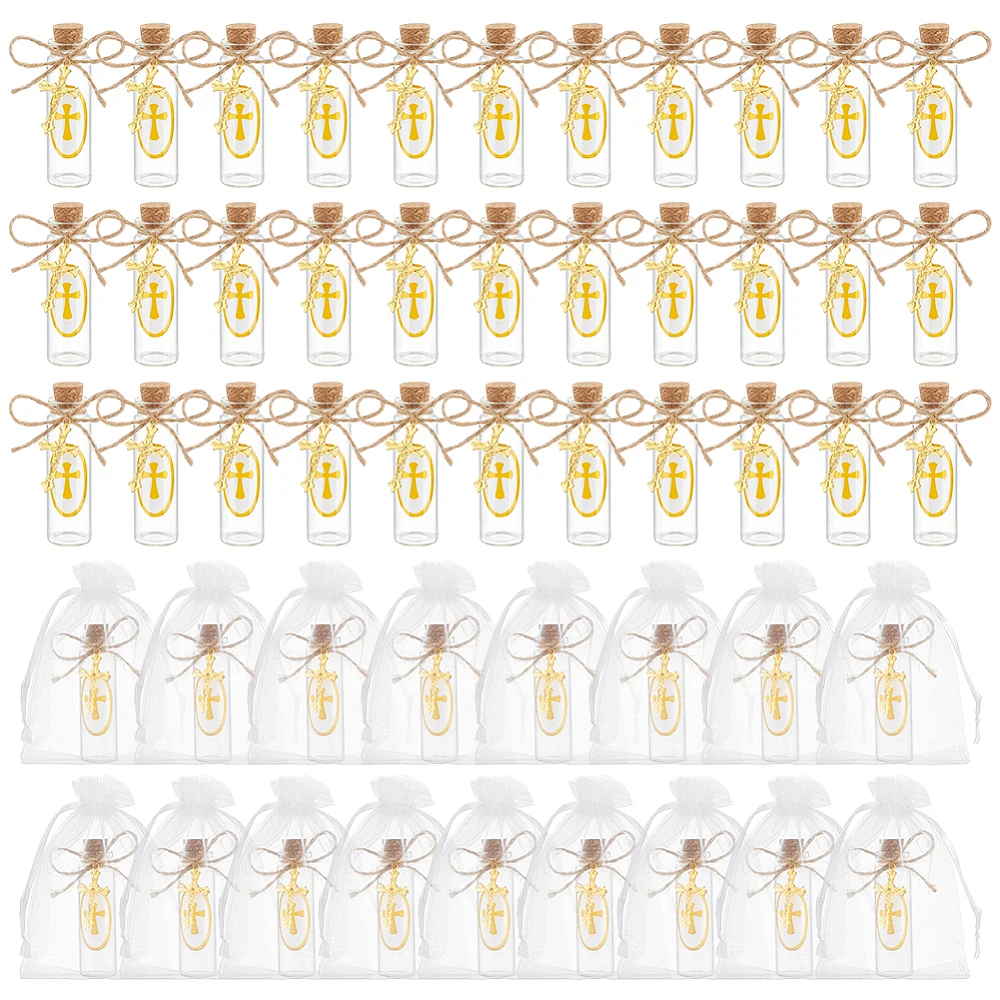 50 Set Holy Water Bottle Clear Water Container with Charm Cork Stopper Glass Bottles Baptism Favors Empty Holy Container