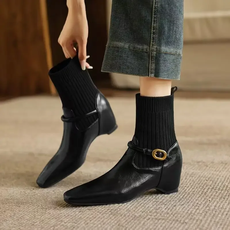 Sock Boots Low Wedge Women Square Toe Knit  Heel Metal Buckle Short Boots Elegant Slip On Casual Fashion Ankle Boots 2027