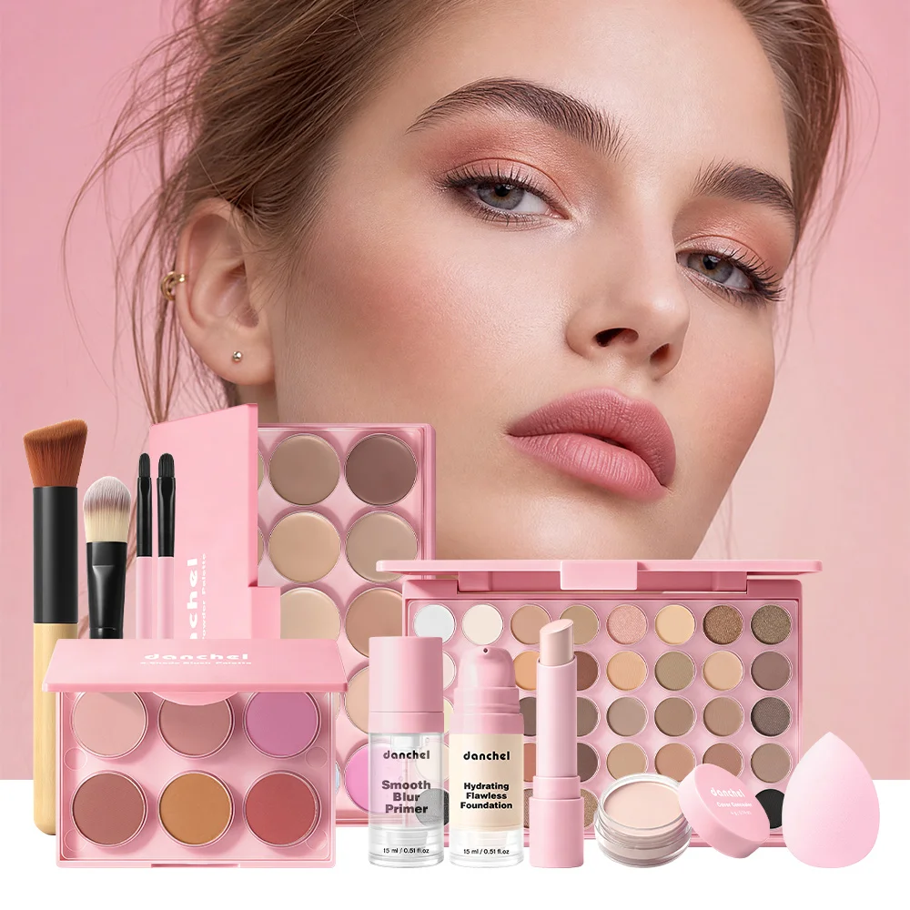 Beginner Makeup Set Blush Contour Palette Foundation Primer Buildable Coverage Concealer Cream Natural Long-Lasting Makeup Kit