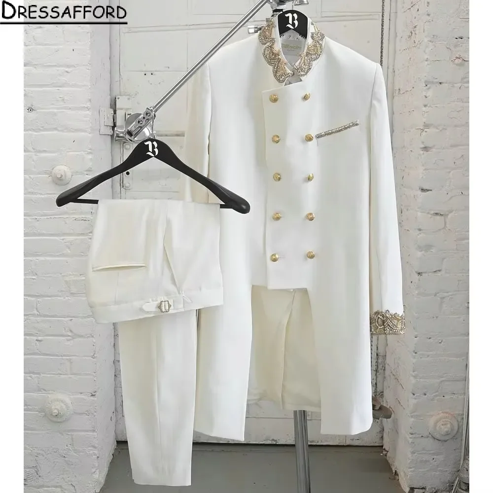 White Crystal Beading Men Suits 2 Piece Fashion Business Casual Wear Party Wedding Groom Tuxedo Jacket Pants