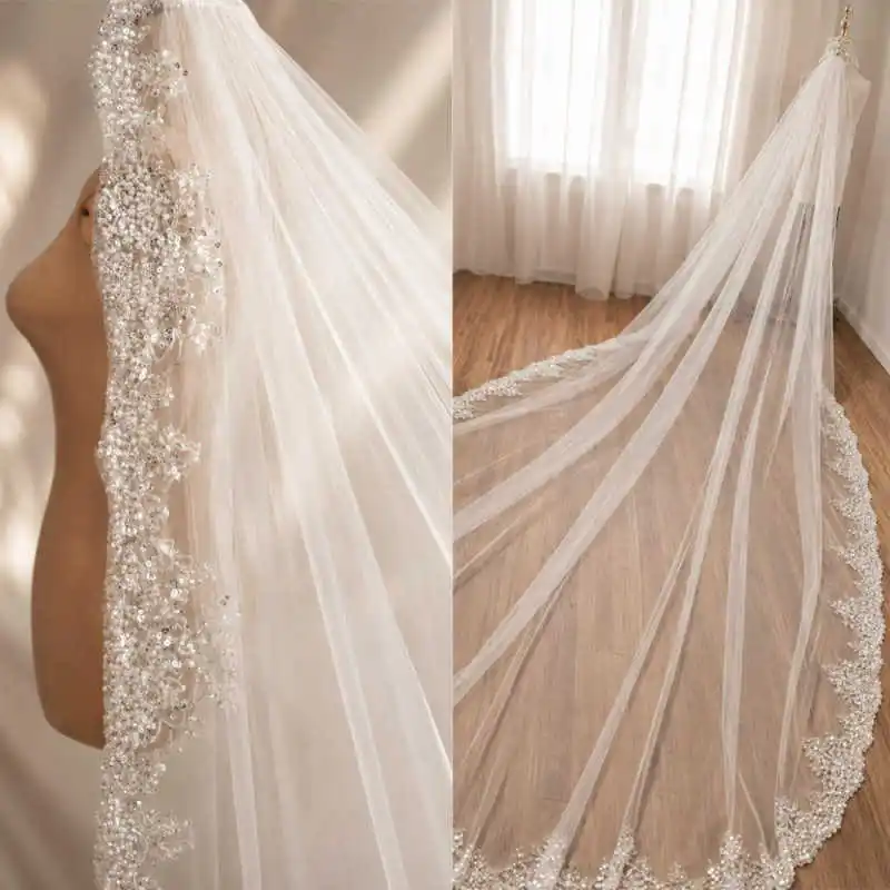Customized Bridal Veil One-Layer White Lvory 3M Cathedral With Comb Beads Veils Wedding Accessories velos de novia
