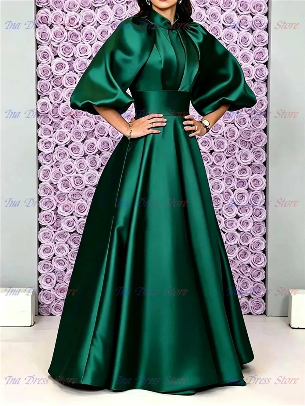 New Elegant Quality Satin Pleated Bridesmaid Dress for Wedding Vintage High Neck Balloon Sleeve Communion Party Evening Dresses