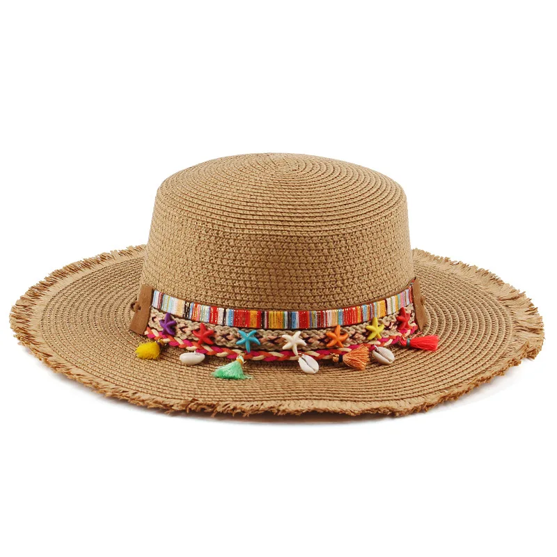 Women's Korean-style Pastoral Flat-top Straw Hat, Fashionable Fringed Sun Protection Hat, Casual Round-top Small Fedora