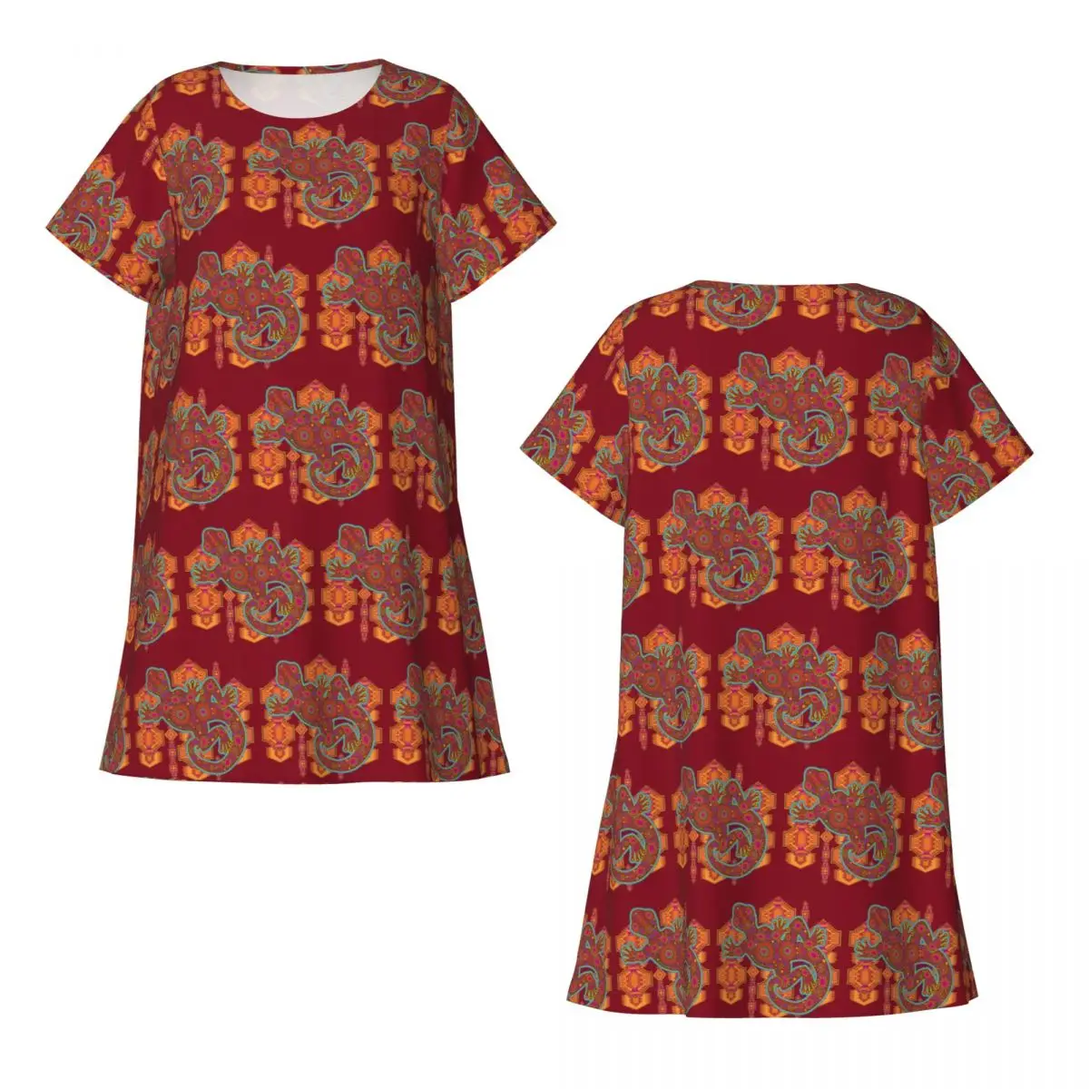 Custom Ethnic Tribal Lizard Salamander Short Sleeves Nightdress For Sleepshirts Women Short Sleeve Nightgowns Soft Pajama Dress