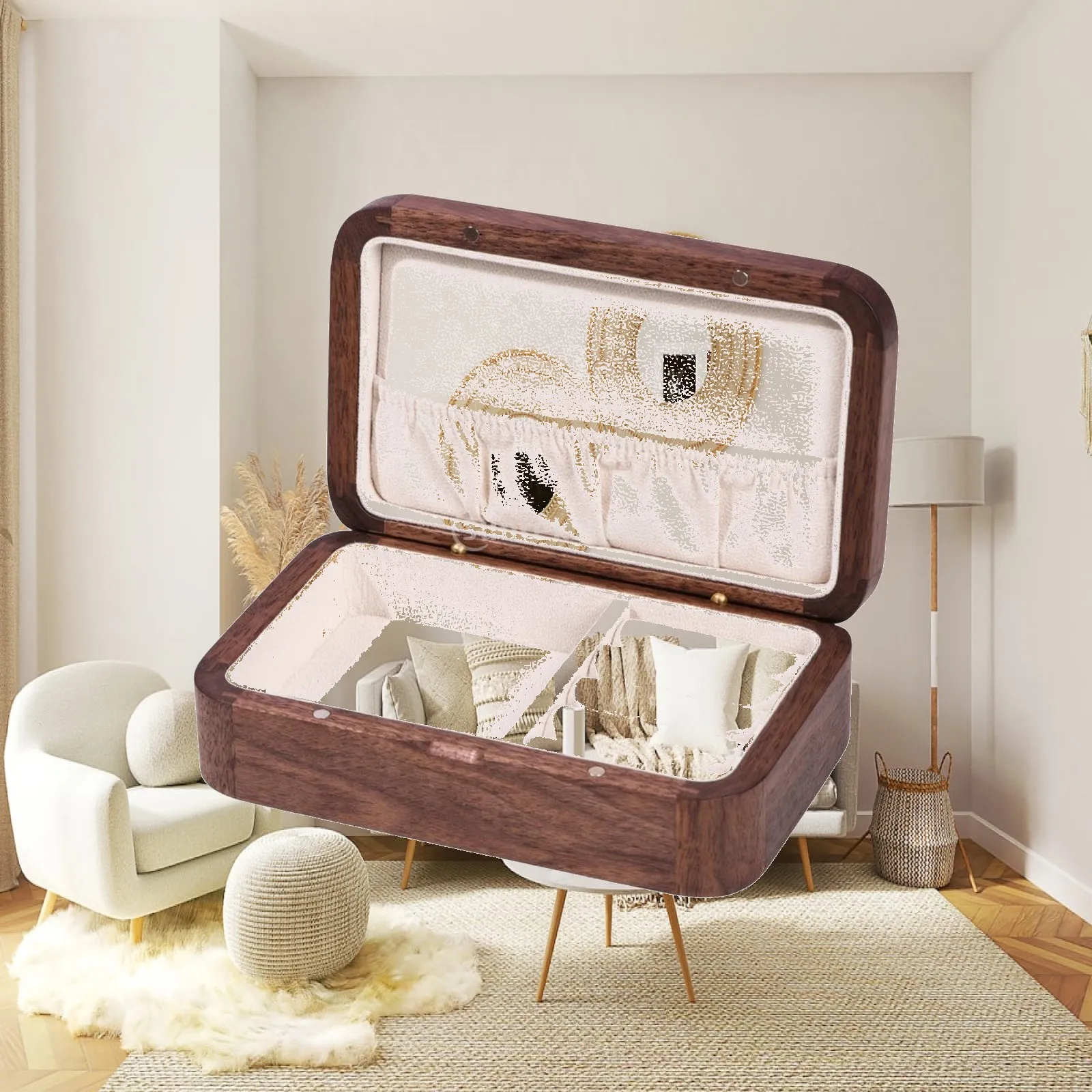 Walnut-Finish Jewelry Box Long-Lasting Wooden Jewelry Box Compact Slim for Bedroom Dresser, Vanity