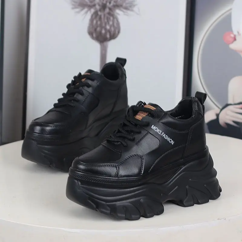 10CM 12CM Genuine Leather Synthetic Women Autumn Spring Platform Wedge Women Fashion Sneakers Chunky Shoes Vulcanize Skateboard