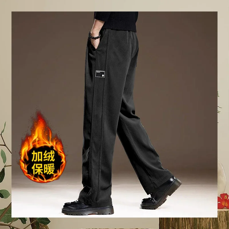 American Style Men Cargo Pants Fleece Lined Straight Wide Leg Solid Color Multi Pocket Casual Trousers Plus Size