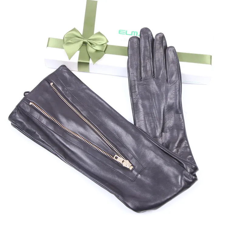 High Quality Real Leather Gloves for Women 56cm Long Sheepskin Nylon Lined with Metal Zipper Party Evening Gloves EL043NN-1