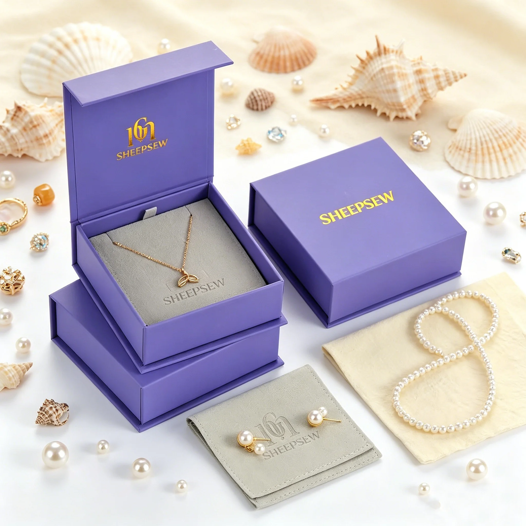 SheepSew Purple Magnetic Closure Jewelry Box With Gold Logo Custom Print Microfiber Pouch Foam Insert Foldable Paper Gift Box Je