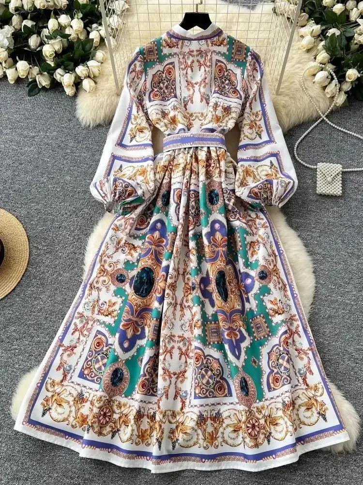 Luxury Golden Flower Print Boho Long Dress 2025 Women's Stand Collar Lantern Sleeve Single Breasted Belt Spring Autumn Vestido
