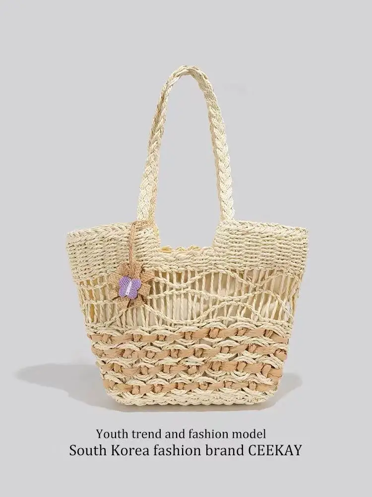 Straw Woven Handmade Bucket Bag Large Capacity Tote Bag Women Handbag Shoulder Bag Summer Vacation Holiday Beach Bag Travel Bag