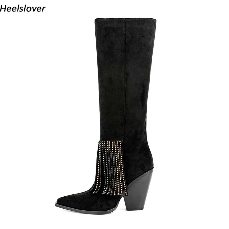 Ahhlsion New Women Winter Mid Calf Boots Fringe Block Heels Pointed Toe Beautiful Black Party Shoes Ladies US Size 5-13