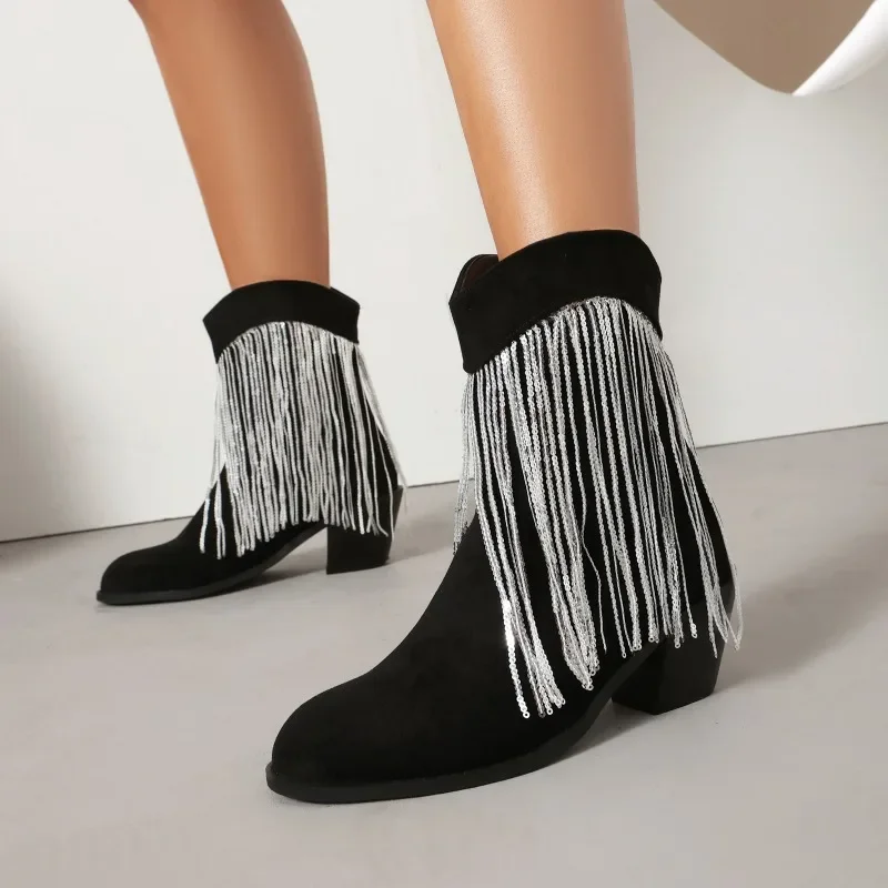 Women's Black White Contrast Fringe Decor Pointed Toe Low Block Heel Western Cowboy Ankle Boots