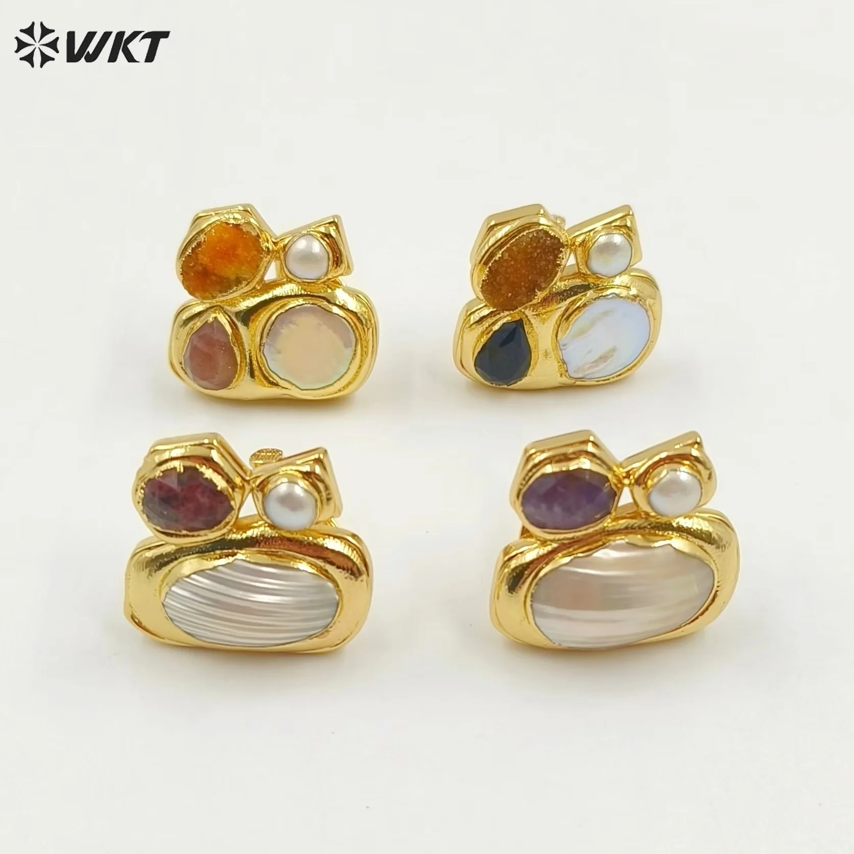 WT-MPR083 Newest Exclusive WKT Design 18k Real Gold Plated Resist Tarnishable Multi Stone And Pearl Women Ring In Adjustable