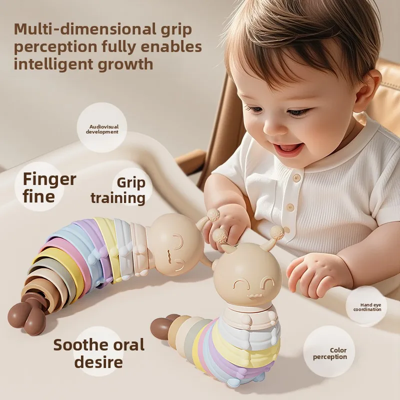 Food Grade Silicone Caterpillar Teether Rattle, Baby Soothing Sensory Hand Bell Toy, Multiple Styles Combo for Newborn 0M+