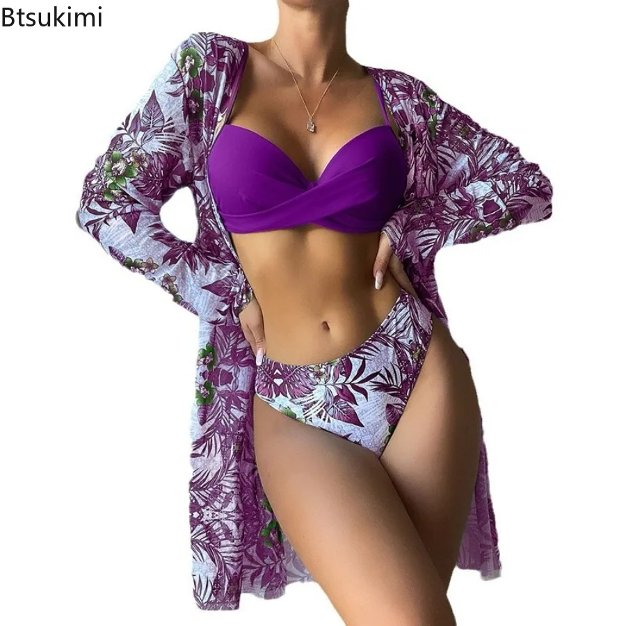 Women's Sexy Printed Bikini Set Long Sleeved Cover Up Gathering Swimsuit Leisure Fashionable Three Piece Set Beachwear Swimsuit