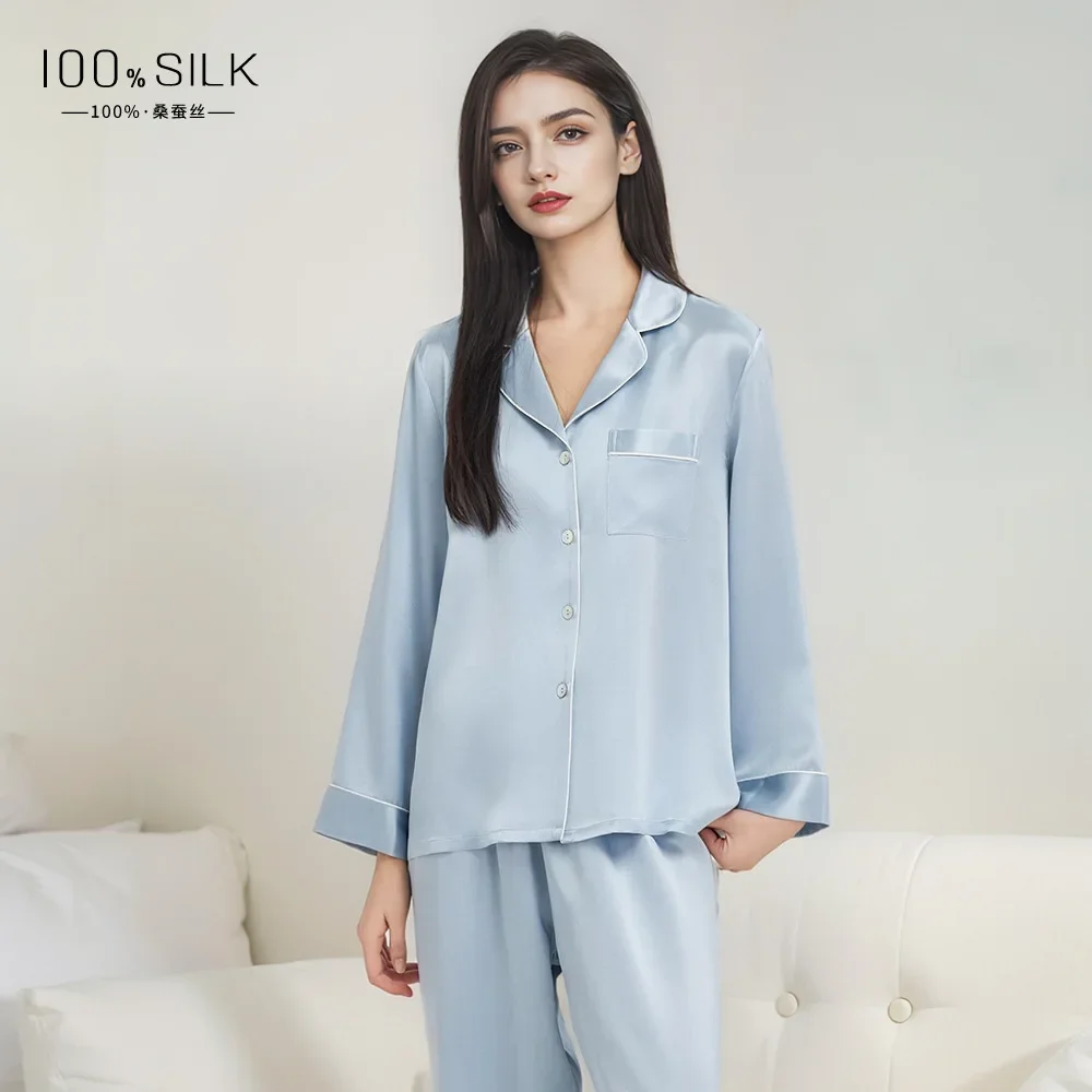 19 Momme 100% Mulberry Silk Women's Sleepwear Set Satin Pajamas Solid Color Spring Long Sleeve Button Lapel Collar Tops & Pants