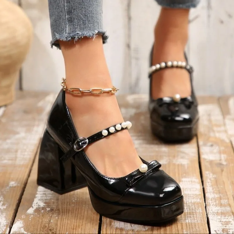 2026 New Sweet Black Women's Shoes High Heels 9cm Platform 2cm Mary Janes Pumps Round Toe Lolita Spring Party Shoes