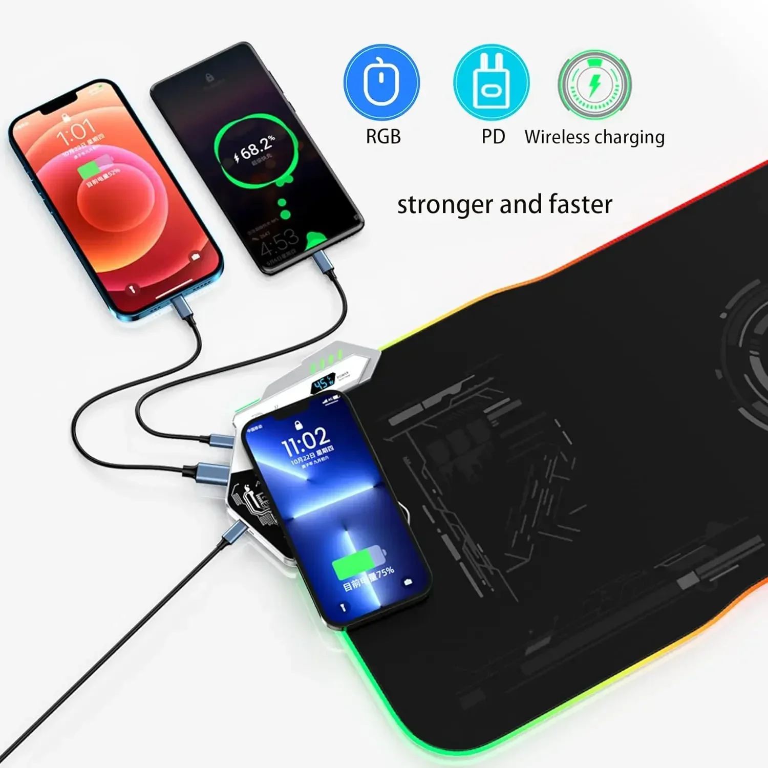 15W/30W Gaming Mouse Pad with Wireless Chargering, PD QC Fast Charging RGB Touch Illuminated Large Mousepad Non-slip Glowing Mat