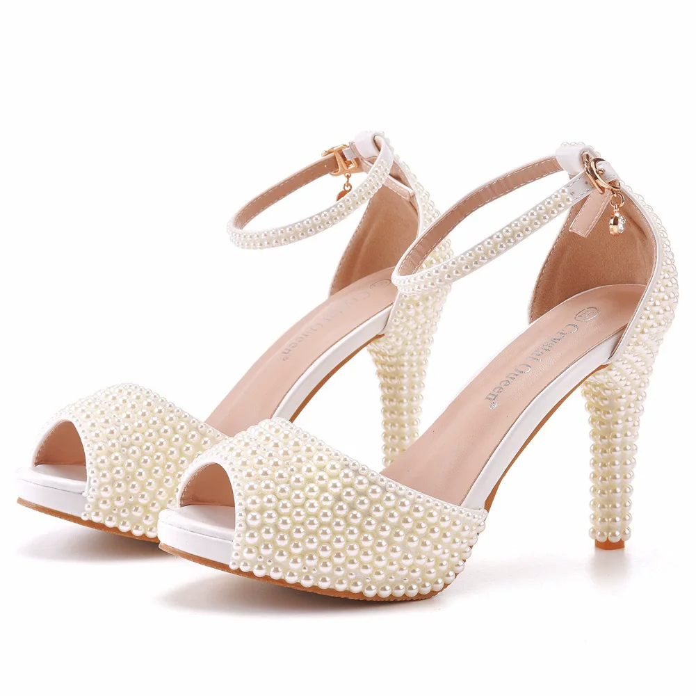 Summer new round-headed fish mouth white pearl thin-heeled wedding shoes banquet dress large size high-heeled women's sandals