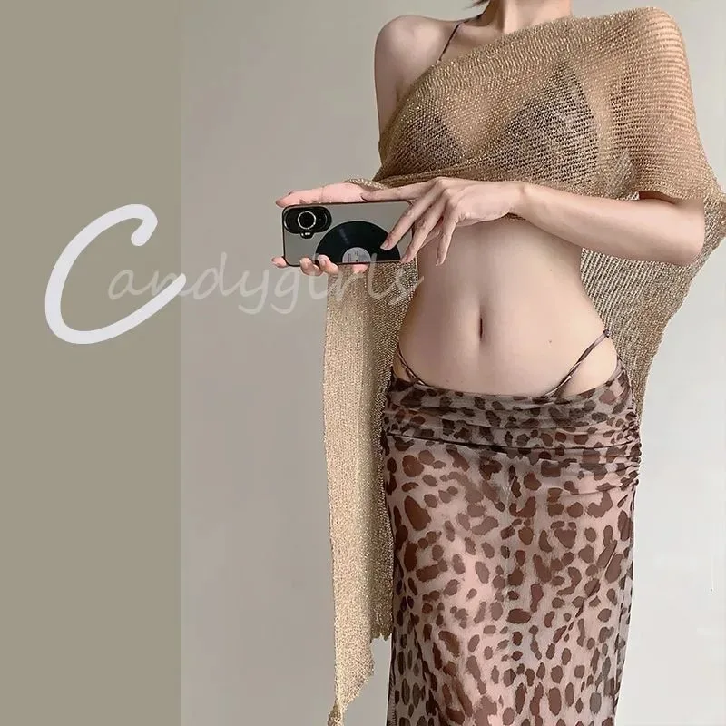 Leopard Print 3 Piece Bikini Set with Sheer Maxi Skirt Halter Neck Backless Swimsuit Cover for Women