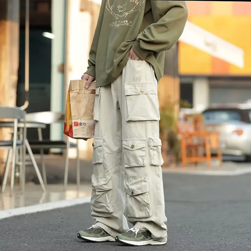 Street Popular White Multi-pocket Overalls Men's Harajuku Style Loose Casual Pants High Street Retro Womens Slacks Trousers