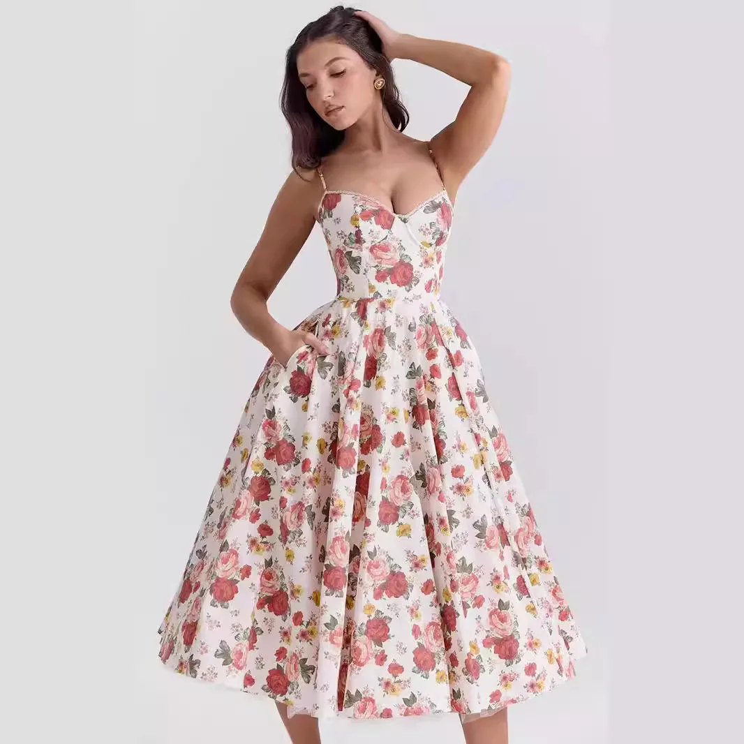 Suninheart Summer Elegant Spaghetti Strap Midi Dress 2025 Floral Print Tulle Dress Sexy Corset Dress for Wedding Guest Party