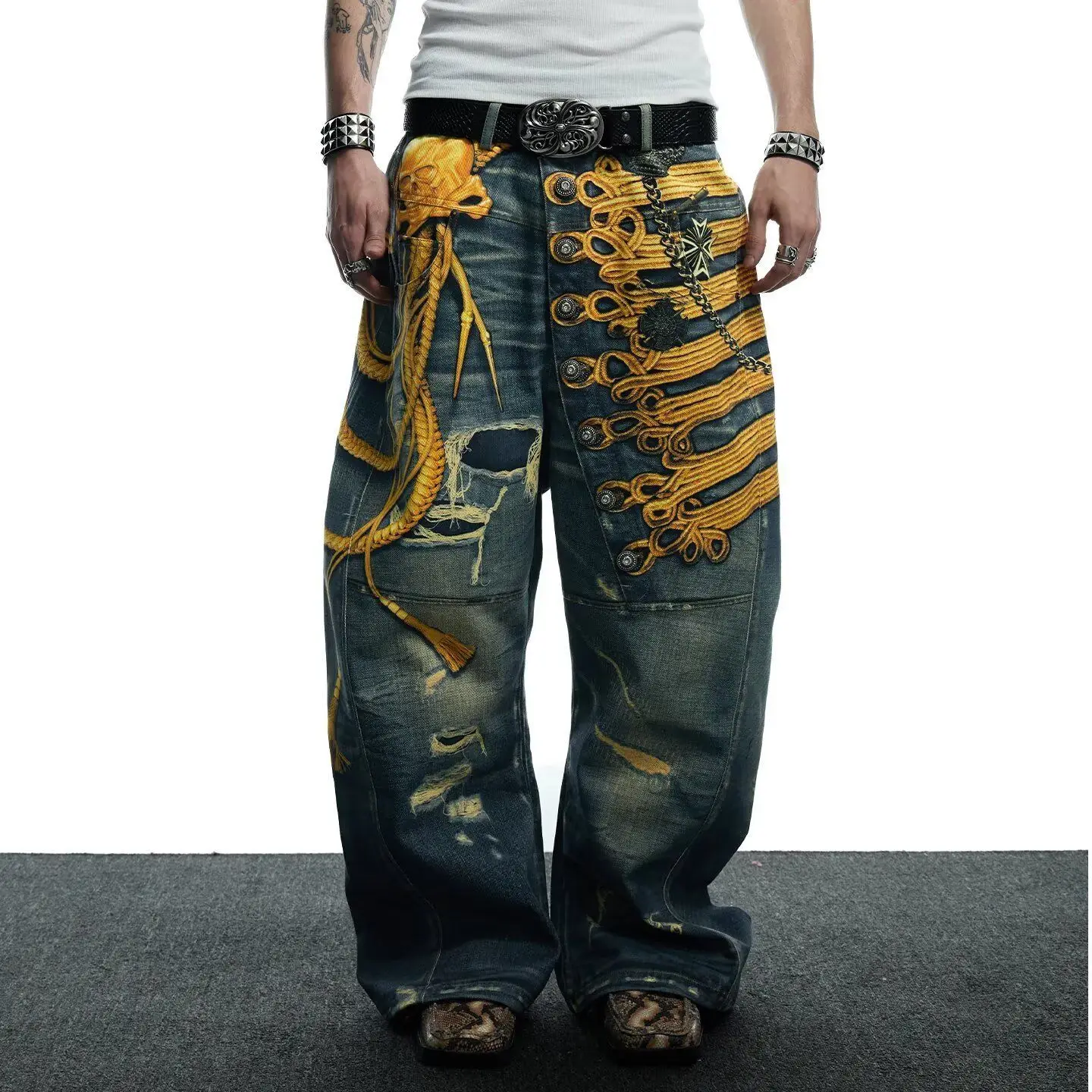 Men's Fashionable Printed Patterns Jeans 90s Casual Pants Unisex Sweatpants Street Boys Bottom Male High Waist Wide-leg Trousers