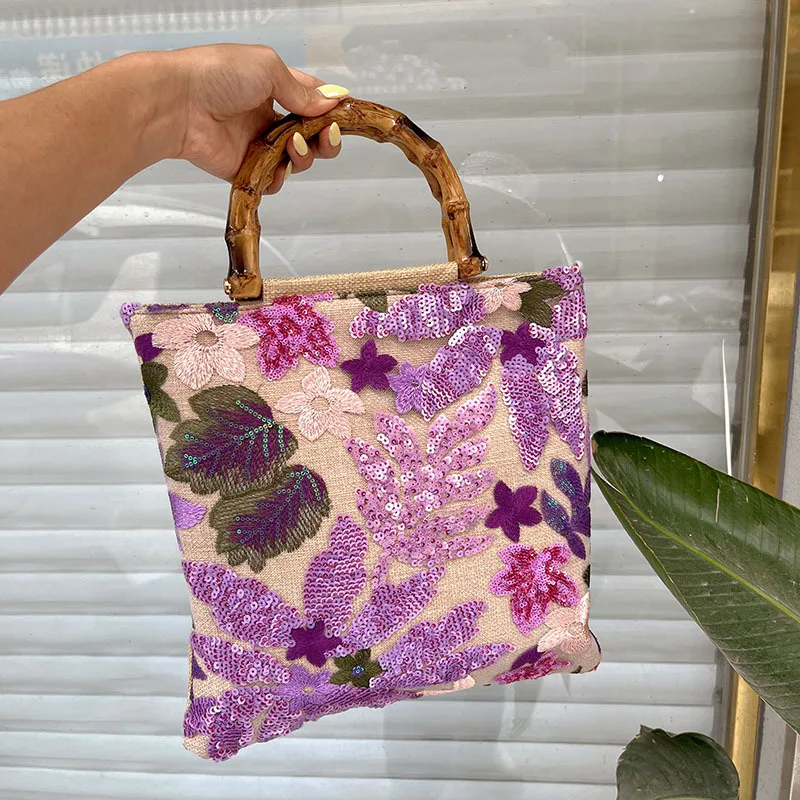 Retro linen bamboo handbag Chinese style fashion literary style flower beaded large capacity handbag