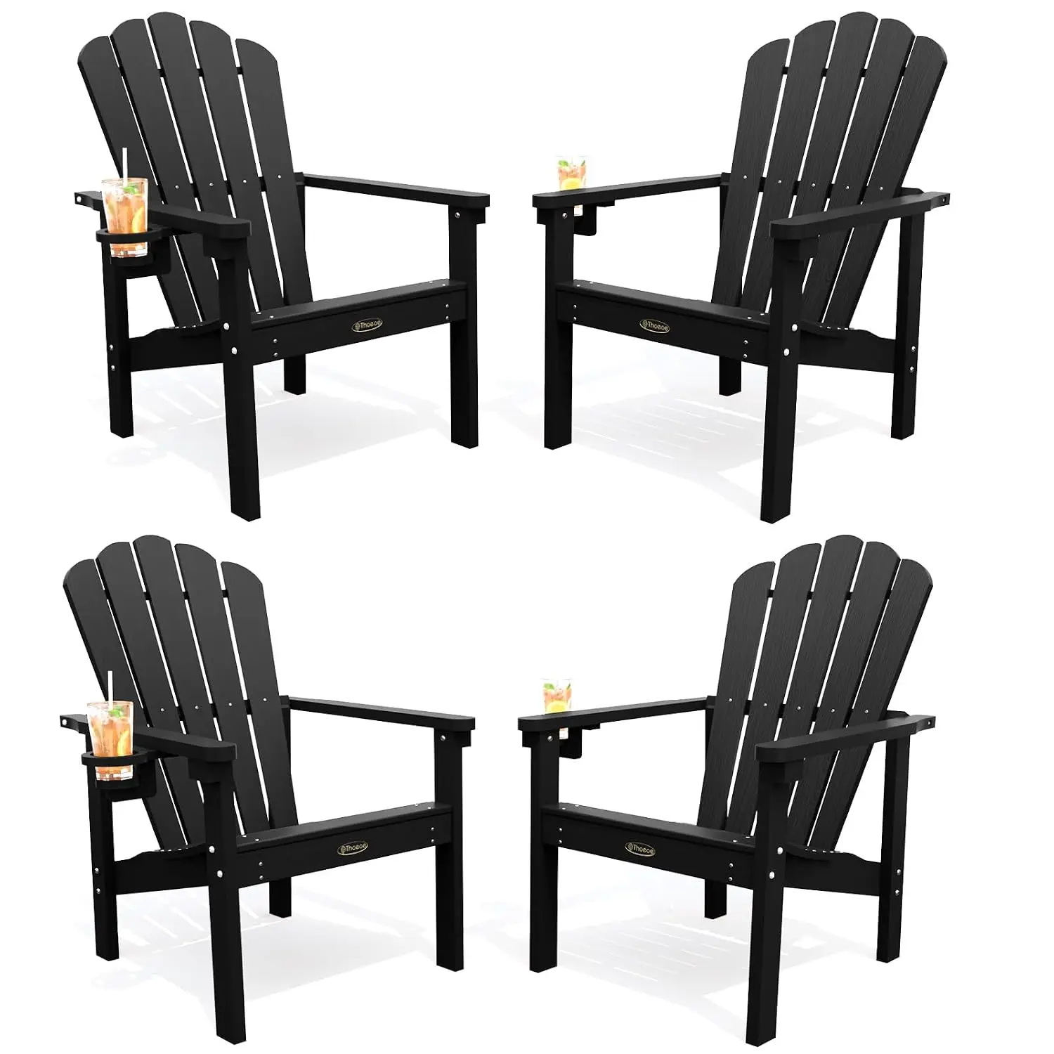 Stackable Adirondack Chair 4pcs, HDPE Outdoor Chair with Cup Holder, Wide Seat for Deck Backyard Lawn, Black, Customized