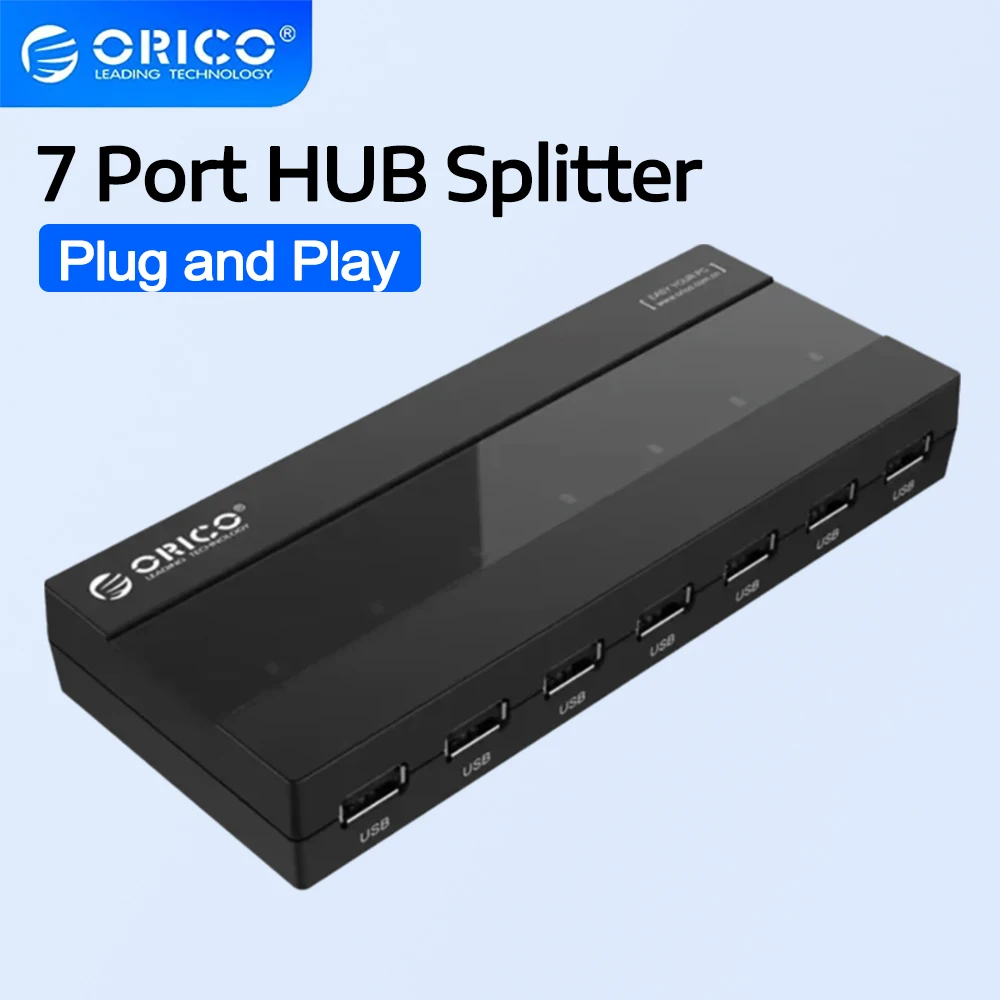 ORICO USB HUB 2.0 Splitter 7-port USB2.0 Hub OTG Adapter with External Power Supply Suitable for Desktop Laptop Computers