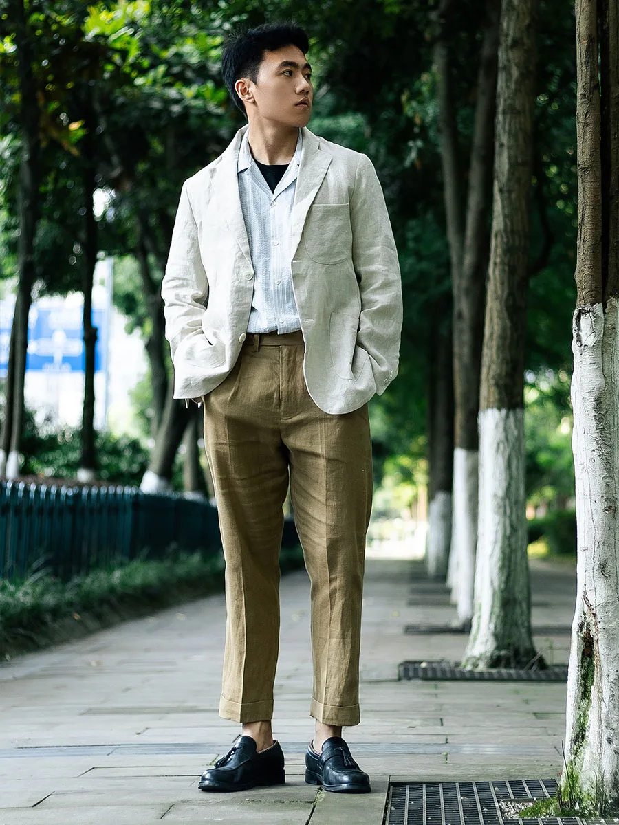 POT&CRAFTSMAN spring and summer new khaki pure linen casual nine-minute pants Slim pants pants customization